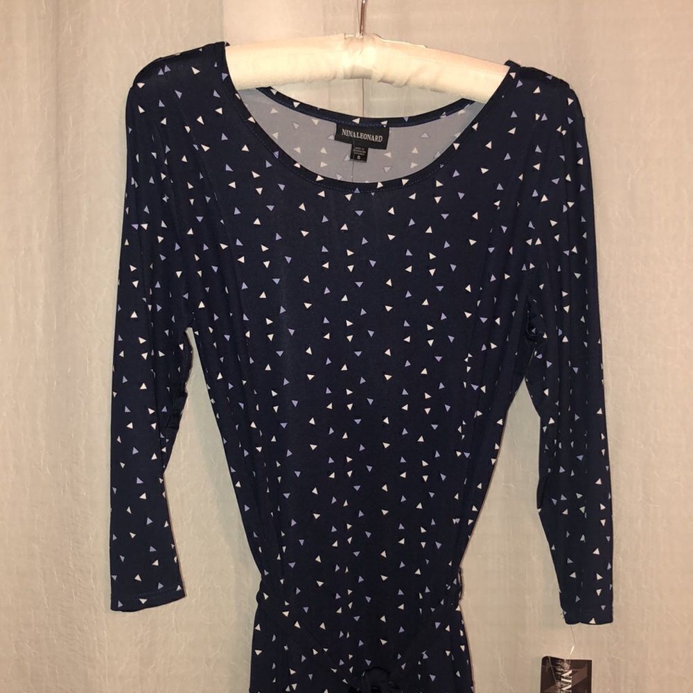 Nina Leonard S Jersey Crew Neck Quarter Sleeve Midi Dress Navy White Lilac Print - Picture 10 of 16